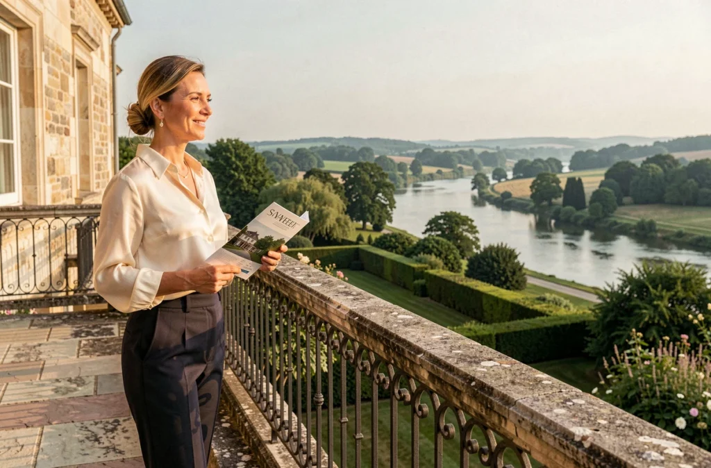 Agente de Riviera sur la terrasse d'une propriété de prestige avec vue sur la vallée en Maine-et-Loire