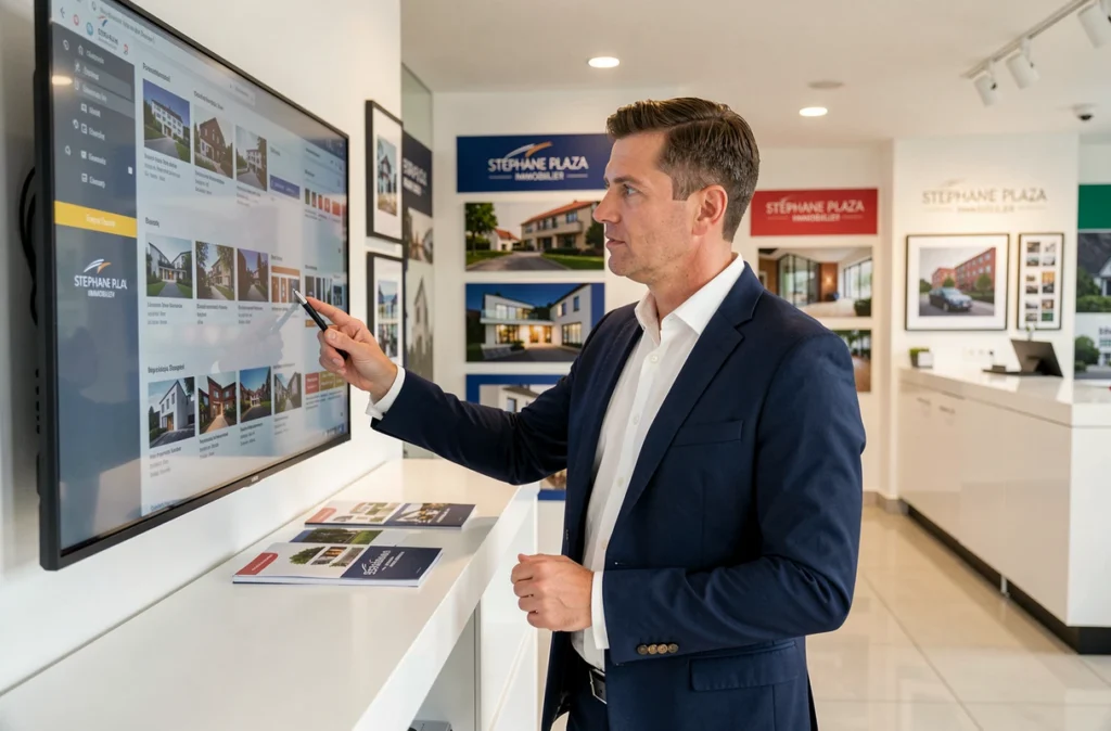 Agent de l'agence Stéphane Plaza Immobilier Strasbourg dans un bureau moderne aux couleurs de l'enseigne