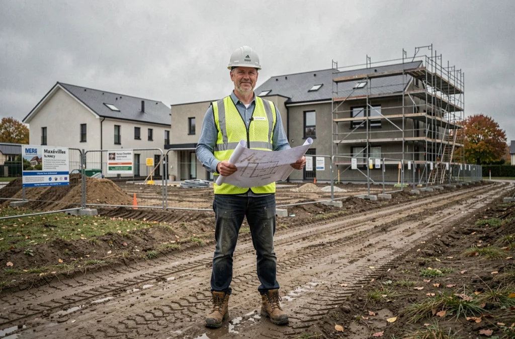 Professionnel de TINE CONSTRUCTION Maxéville en tenue de chantier devant un programme immobilier neuf