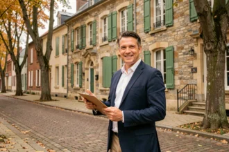 Agent immobilier professionnel devant une maison en pierre typique du Maine-et-Loire, représentant le classement des meilleures agences immobilières 2026