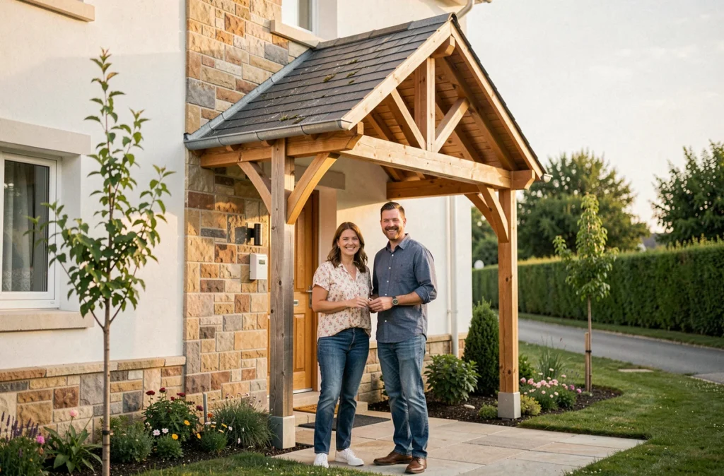 Maison familiale avec façade en enduit blanc et pierre naturelle sous un porche en chêne, un couple souriant posant devant leur nouvelle maison Villarêva