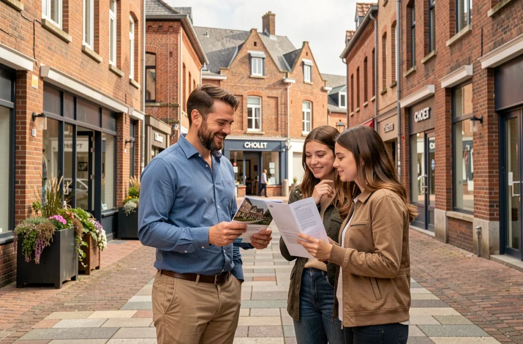Agent de VIVRE ICI Cholet avec des clients dans le centre-ville de Cholet, illustrant l'ancrage local de l'agence