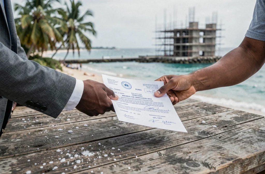 Échange d'un acte de vente foncière entre un notaire et un investisseur au bord de mer au Sénégal, illustrant les démarches immobilières en zone côtière