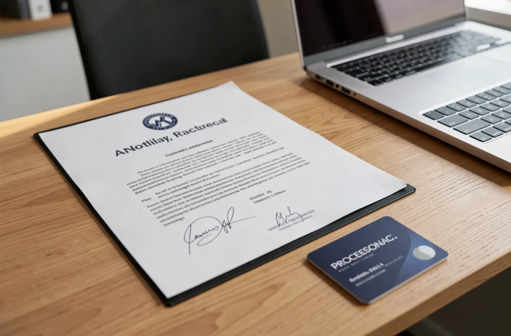 Bureau avec contrat signé, carte professionnelle et ordinateur portable