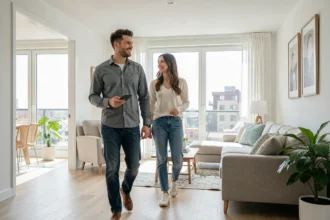 Chasseur de biens visitant un appartement avec un couple d'acheteurs