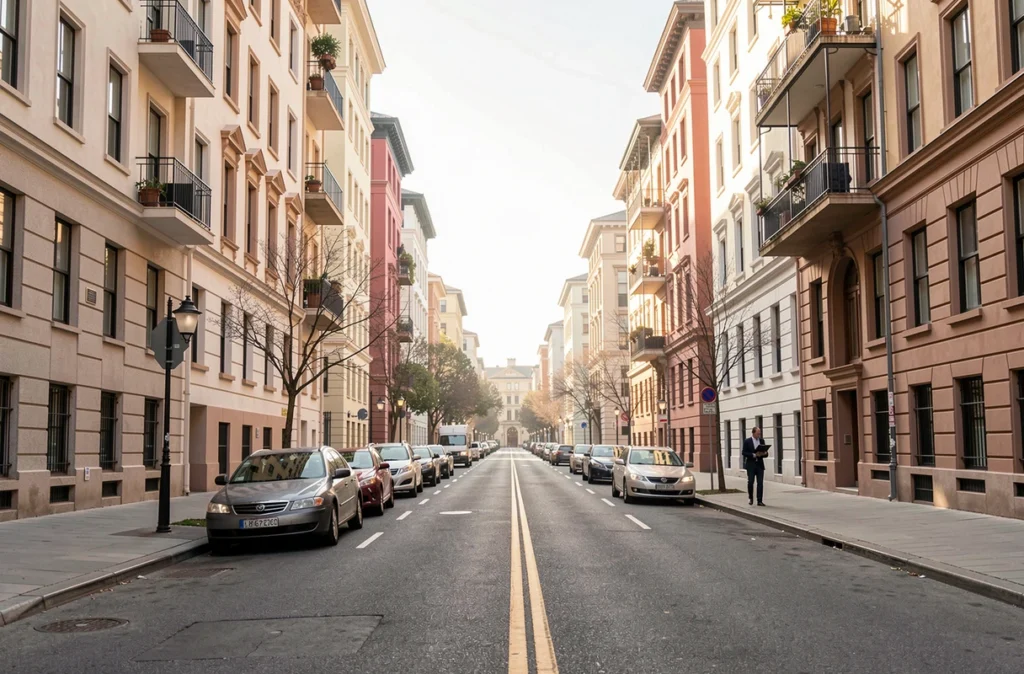 Rue d'une grande ville bordée d'immeubles d'habitation le matin