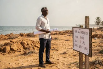 Homme sénégalais debout sur un terrain à vendre en bord de mer, tenant un plan architectural, avec vue sur l'océan Atlantique et une pancarte de vente immobilière